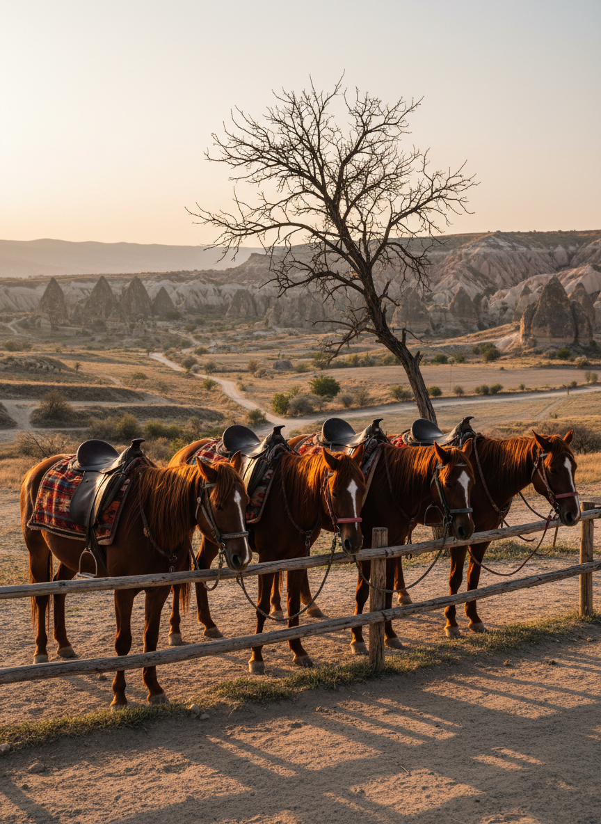 A serene horse tour scene in Cappadocia featuring a small group of well-groomed saddled horses tied to a rustic wooden rail under a solitary tree on the edge of a valley. Focus on the leather saddles, braided reins, and traditional patterned saddle blankets in earthy reds and blues. Behind them, layered rock formations and soft, dusty paths wind into the distance. Captured during the soft glow of early evening, the warm light highlights the horses’ coats and creates gentle, elongated shadows. Photographic realism with a balanced composition, keeping both foreground and background in sharp focus. The atmosphere is peaceful, authentic, and inviting, ideal for a professional horse tour presentation.