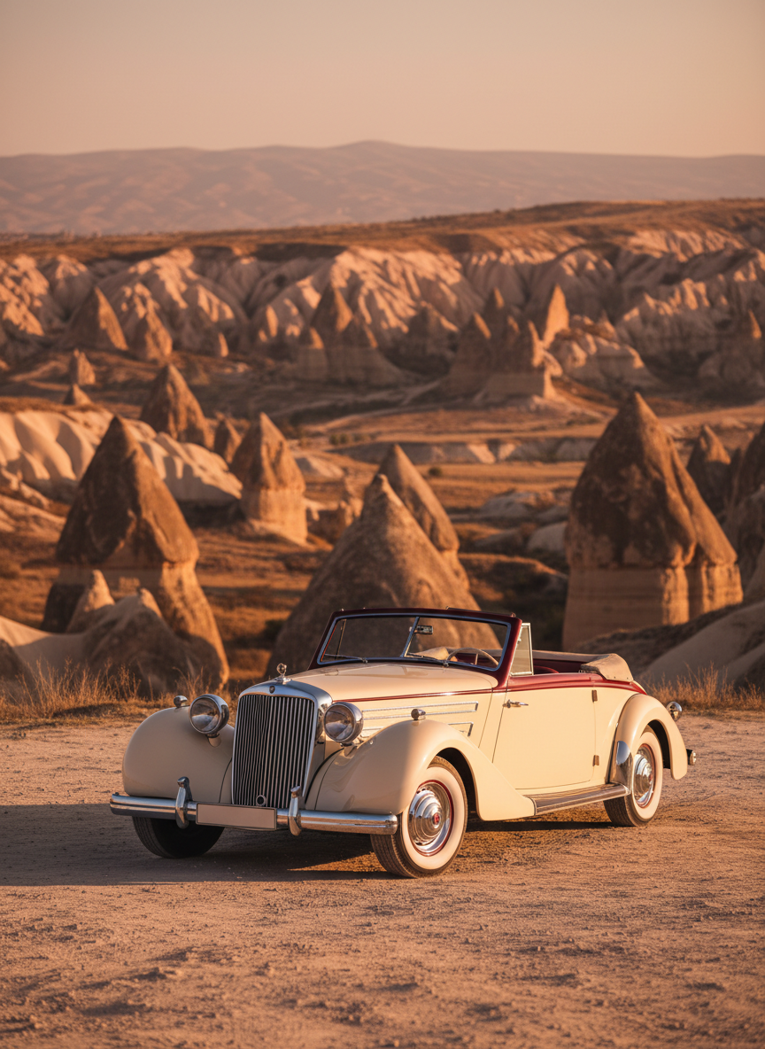 A meticulously arranged classic vintage car, a cream and burgundy convertible with gleaming chrome details and whitewall tires, parked on a dusty plateau overlooking Cappadocia’s sweeping valleys and fairy chimneys. The car’s polished surface reflects the warm tones of the rocky landscape. Late afternoon sunlight creates a golden, cinematic glow with long, soft shadows that emphasize the car’s curves. Photographic realism from a low, slightly side-on angle, emphasizing the car against the dramatic horizon. The mood is romantic, nostalgic, and luxurious, perfectly aligned with a VIP photo tour with classic car offering, with the background subtly softened for depth.