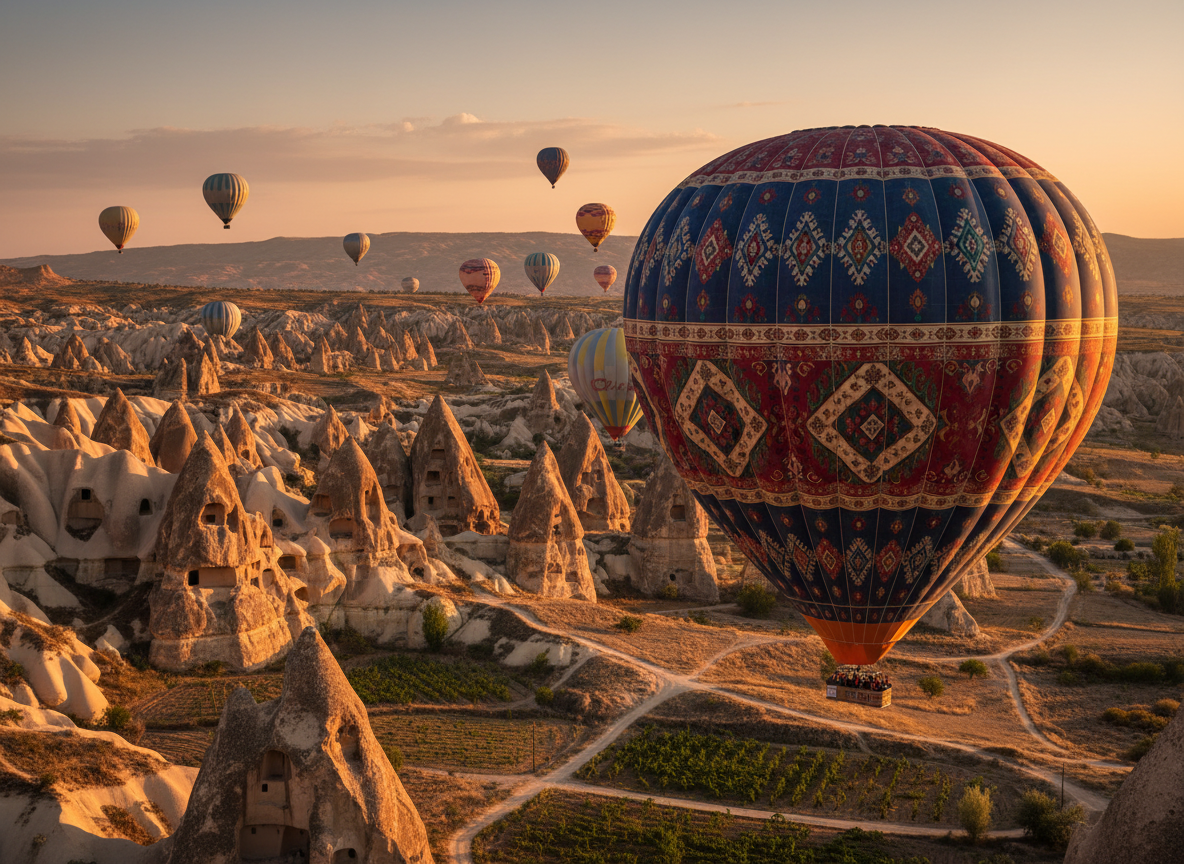 An elegant hot air balloon tour scene over Cappadocia, with several richly colored balloons featuring intricate Turkish patterns drifting above the region’s iconic cone-shaped rock formations and deep valleys. The landscape below shows winding paths, vineyards, and cave-dotted cliffs in crisp detail. Captured during golden hour, warm sunlight washes the sandstone in soft amber tones while long shadows emphasize the dramatic terrain. Photographic realism from a slightly elevated, wide-angle perspective, with one balloon in sharp focus in the foreground and others gently blurred in the distance. The mood is luxurious, serene, and aspirational, ideal for a professional VIP tourism agency homepage hero image.