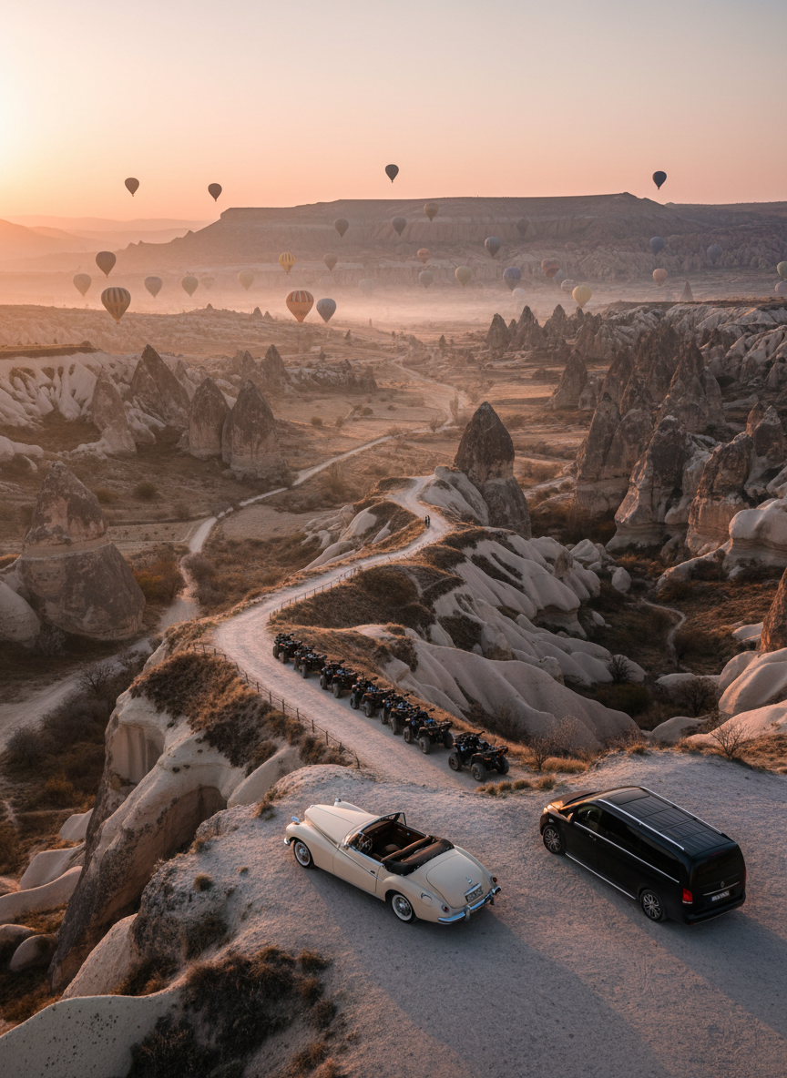A panoramic, high-end overview of Cappadocia at sunrise, showcasing multiple tourism offerings in a single cohesive scene: hot air balloons rising in the distance, a classic car parked neatly on a cliffside viewpoint, a line of ATVs further along the trail, and a discreet VIP van at the edge of frame. The sculpted valleys and fairy chimneys are bathed in soft pink and gold light, with a slight mist hanging low. Photographic realism from an elevated, wide-angle perspective for a sense of grandeur. The mood is exclusive, curated, and aspirational, presenting a complete luxury experience without any human presence, perfect for a professional tourism agency banner.